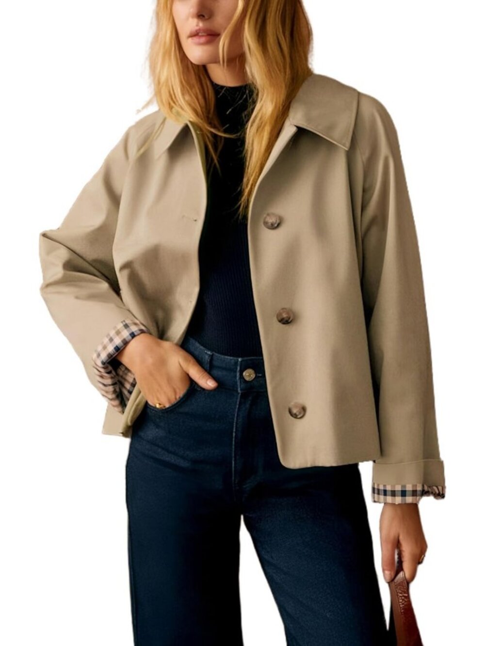 Lightweight Plaid Lined Short Trench Jacket for Women | Casual Button Front